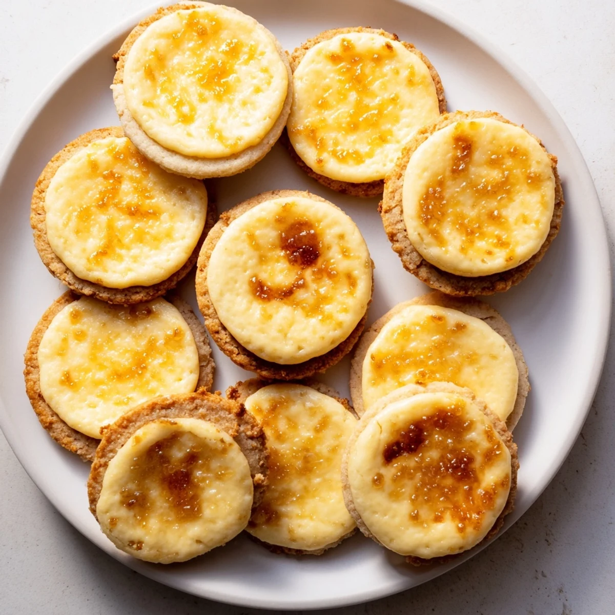 Golden crème brûlée shortbread cookies with caramelized sugar topping on a white plate