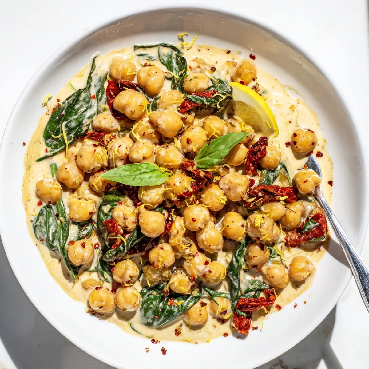 Creamy Marry Me Chickpeas simmered with sun-dried tomatoes and fresh baby spinach in a rich white wine herb sauce