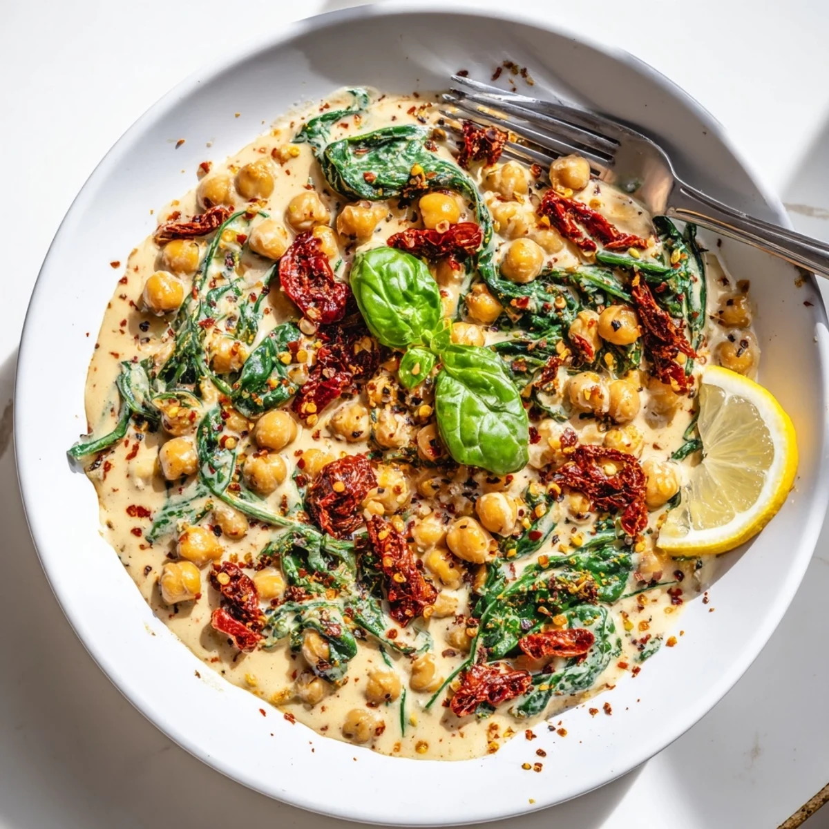Golden chickpeas swimming in a velvety garlic cream sauce topped with vibrant basil and lemon zest
