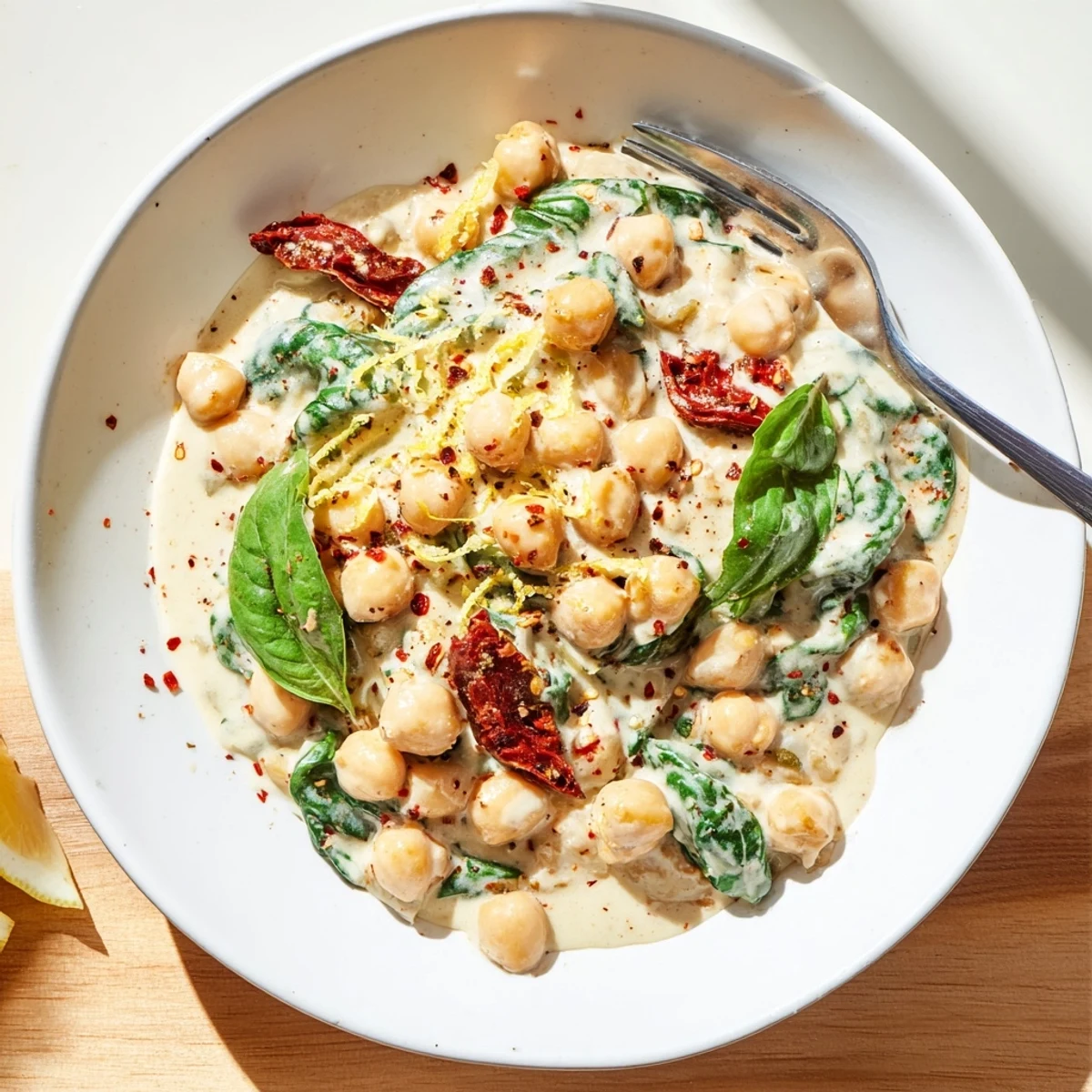 Hearty bowl of Marry Me Chickpeas featuring wilted spinach and savory sun-dried tomatoes in a aromatic spiced broth
