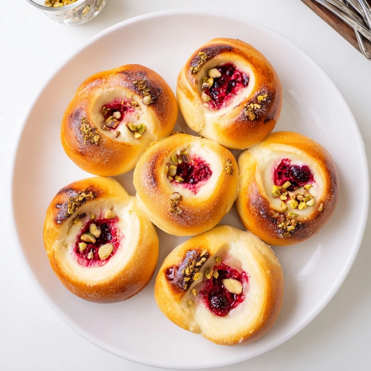 Golden raspberry and rose cheesecake buns with creamy rose-scented filling and tart raspberry swirls
