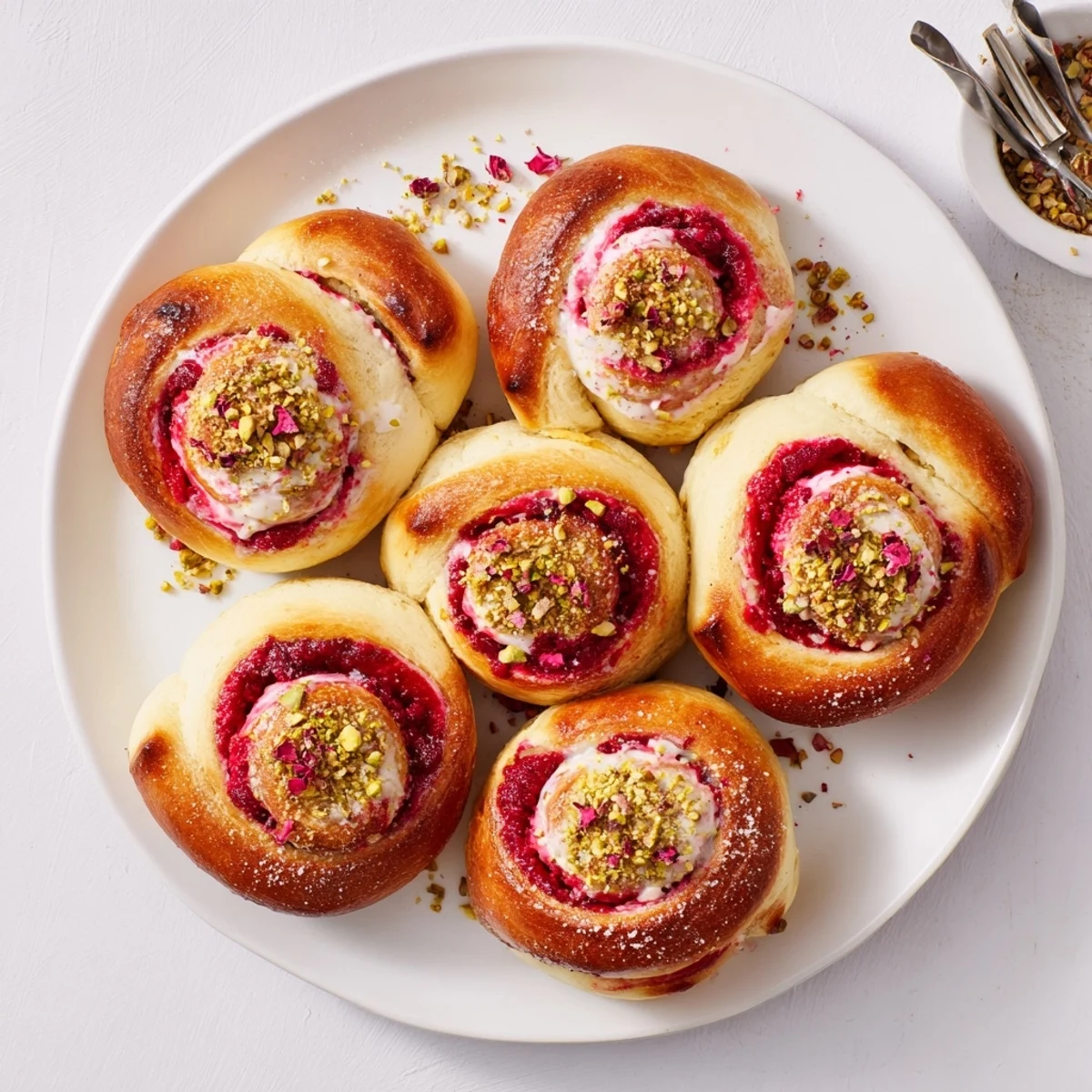 Fresh raspberry and rose cheesecake buns cooling on baking tray with golden brown pillowy dough edges