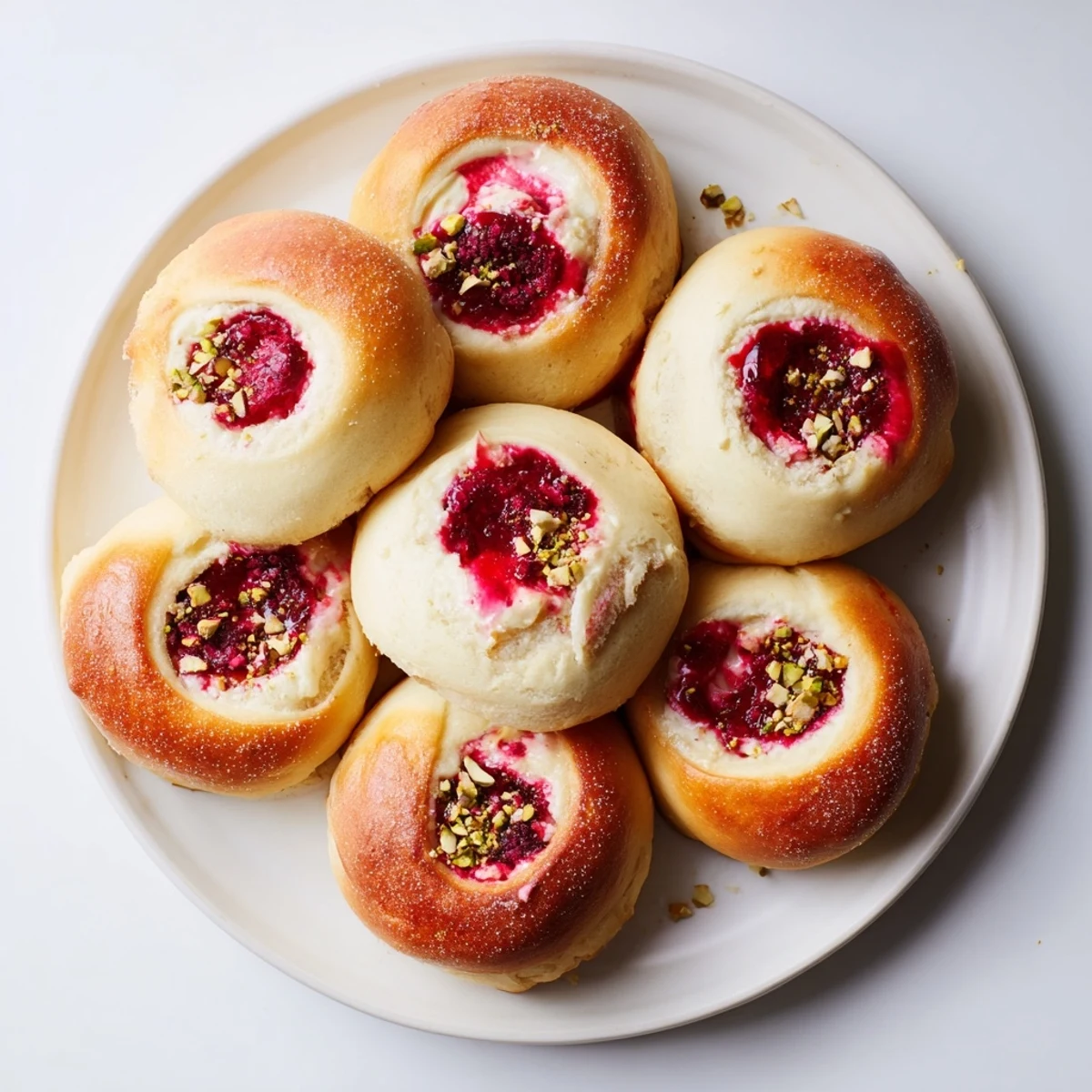 Soft homemade sweet buns baked with rose cream cheese filling and bright red raspberry compote center