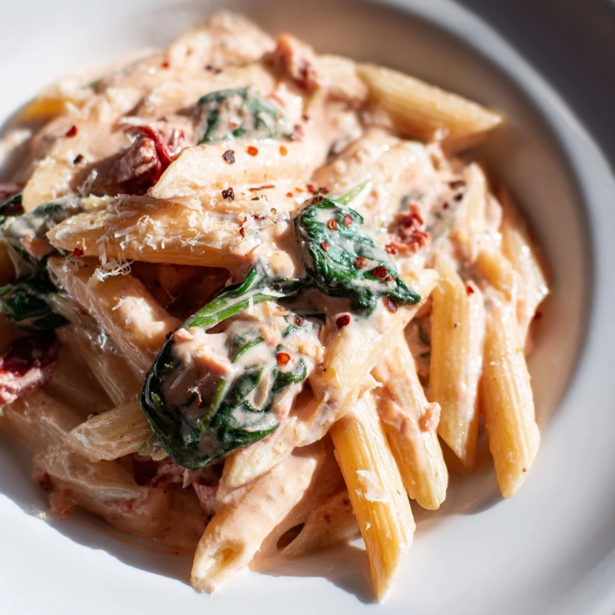 Creamy sun dried tomato spinach pasta in a rustic skillet with vibrant green leaves and rich sauce