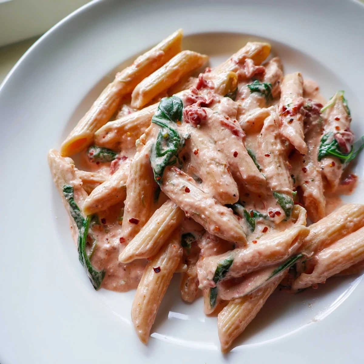 One pan creamy sun dried tomato spinach pasta topped with Parmesan cheese in a white bowl