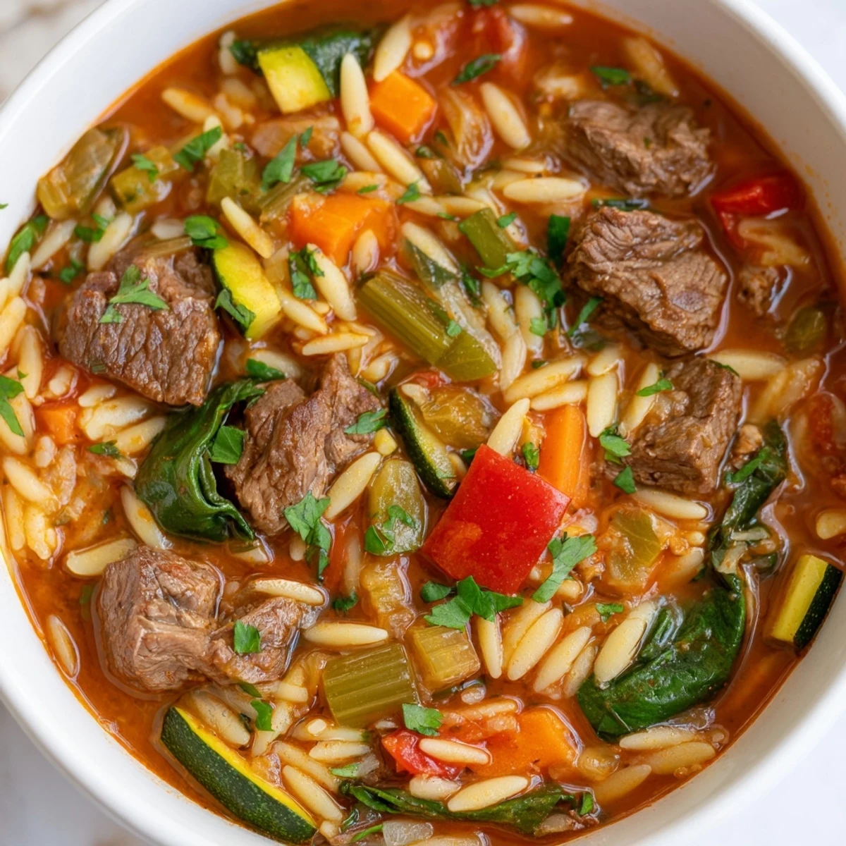 Steaming bowl of hearty beef and orzo soup brimming with colorful garden vegetables