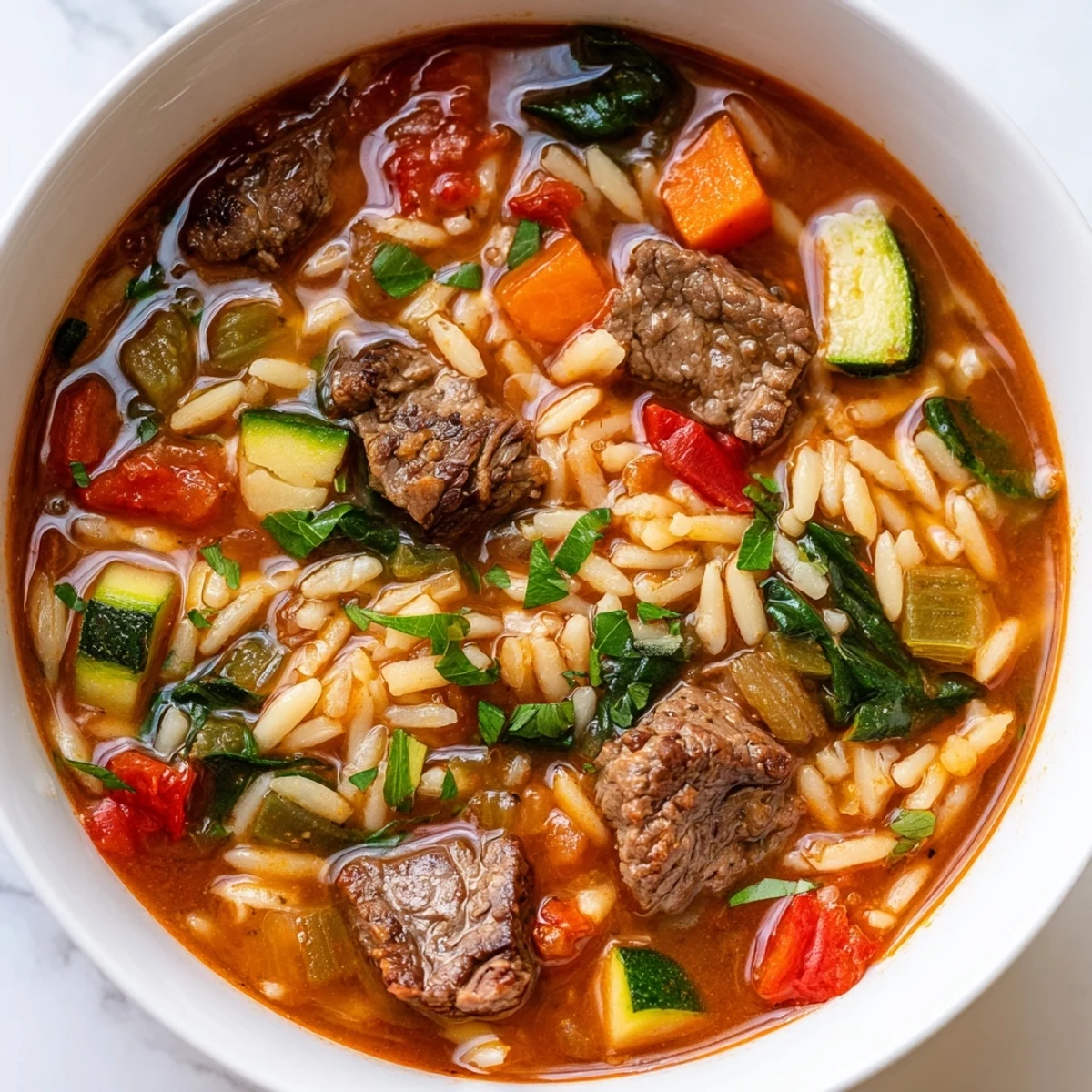 Hearty beef and orzo soup with tender meat chunks in savory herb broth