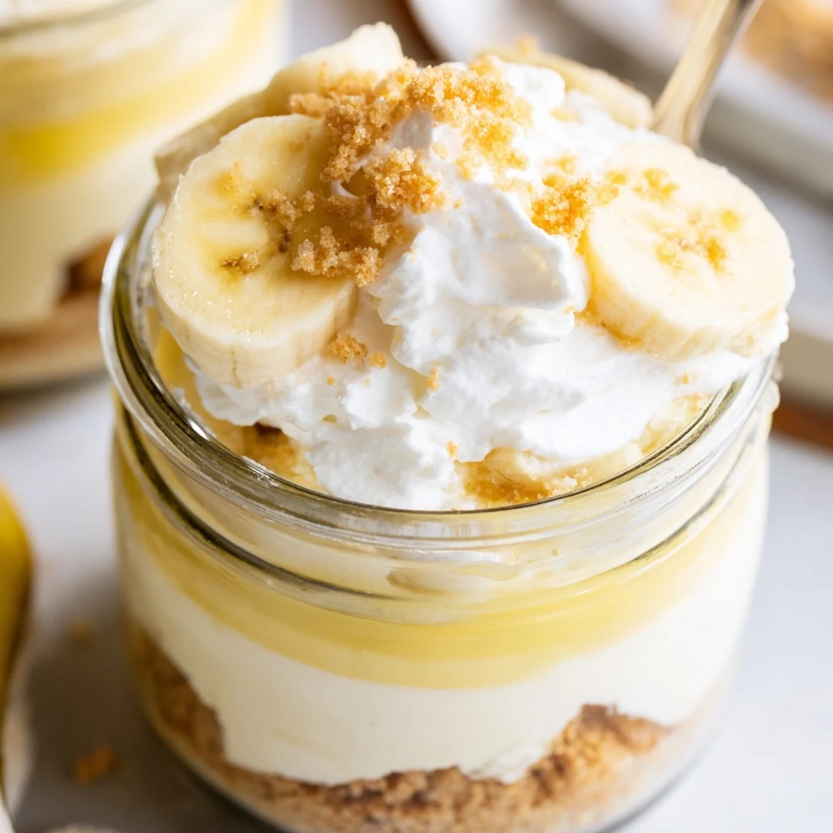 Creamy banana pudding cheesecake cups layered with fresh banana slices and vanilla wafer crumbs in individual glass jars