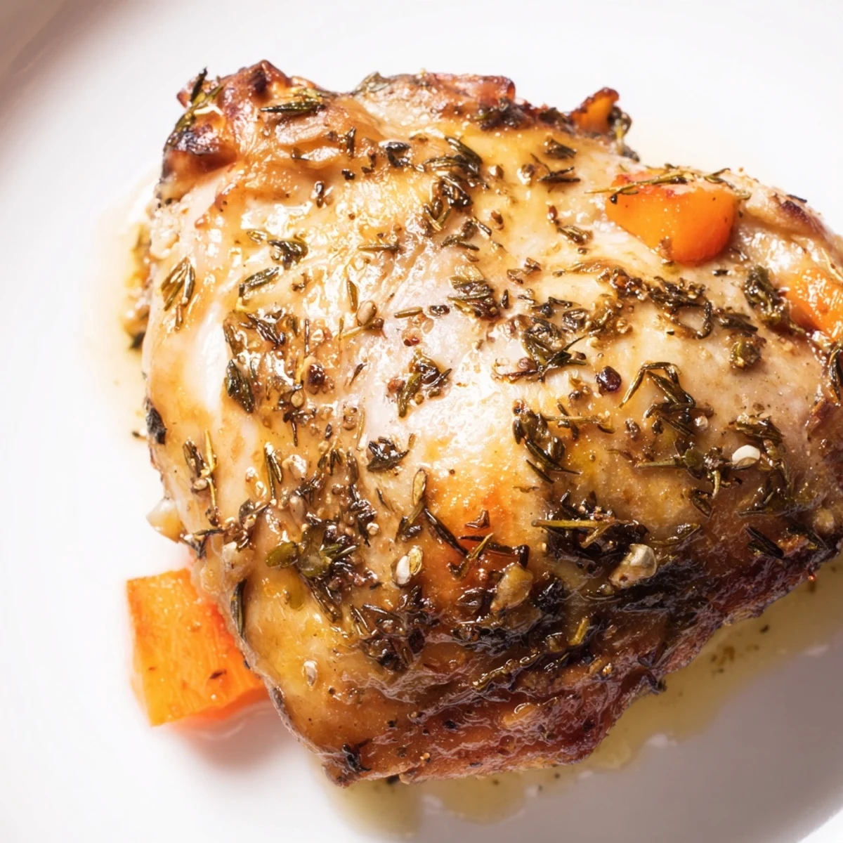 Tender slow cooker chicken dinner with carrots, potatoes, and savory herb sauce in rustic bowl