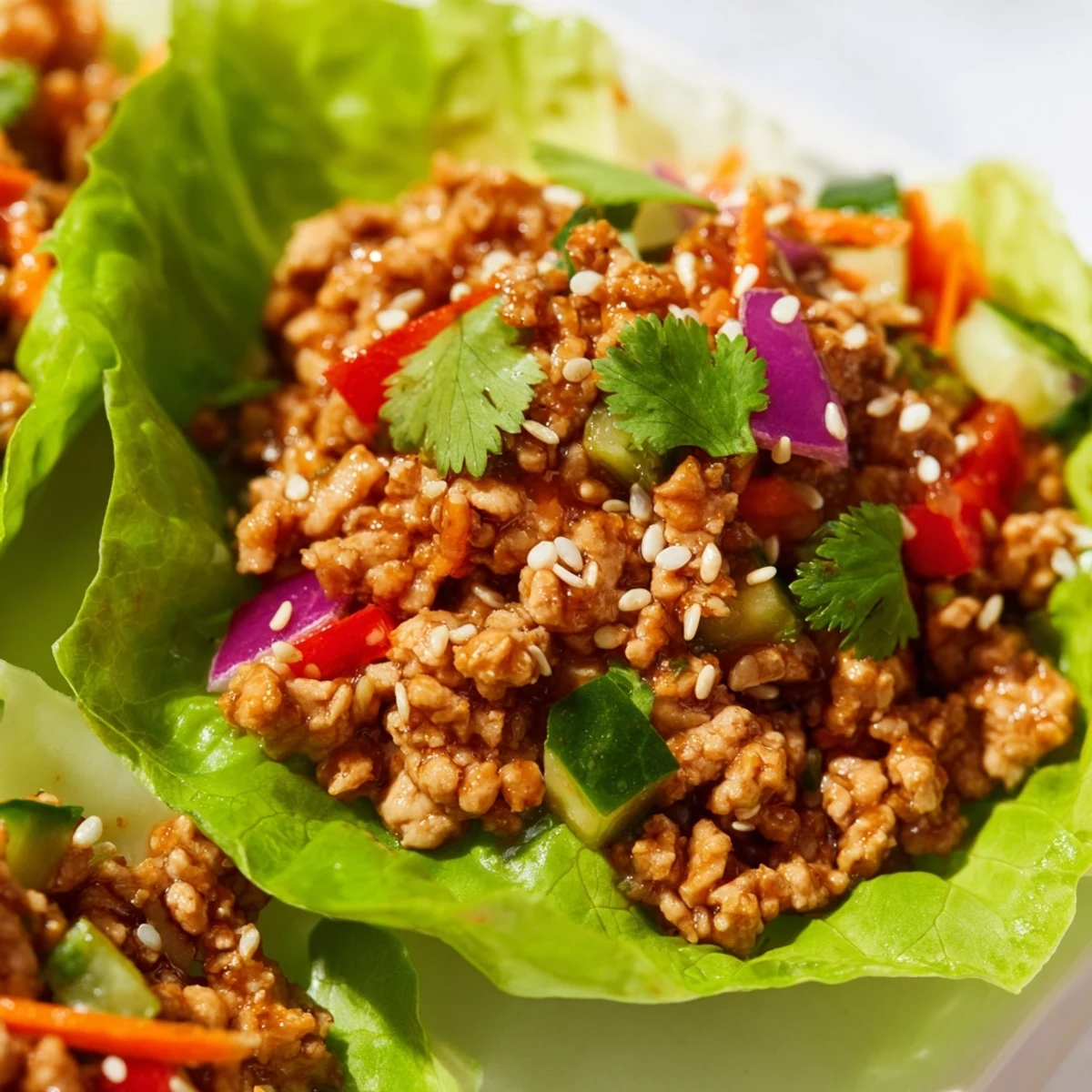 Seasoned ground turkey filling served in crisp romaine lettuce cups with fresh vegetables