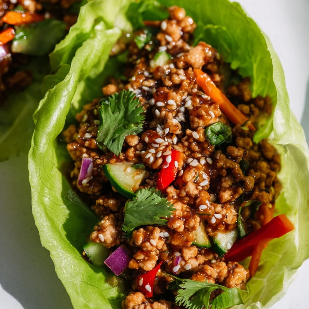 Crisp lettuce bowls filled with savory healthy ground turkey and colorful diced vegetables