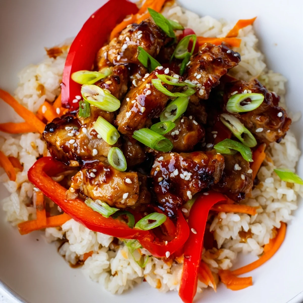 Savory One Pan Korean BBQ Chicken and Rice with tender glazed chicken pieces and colorful vegetables
