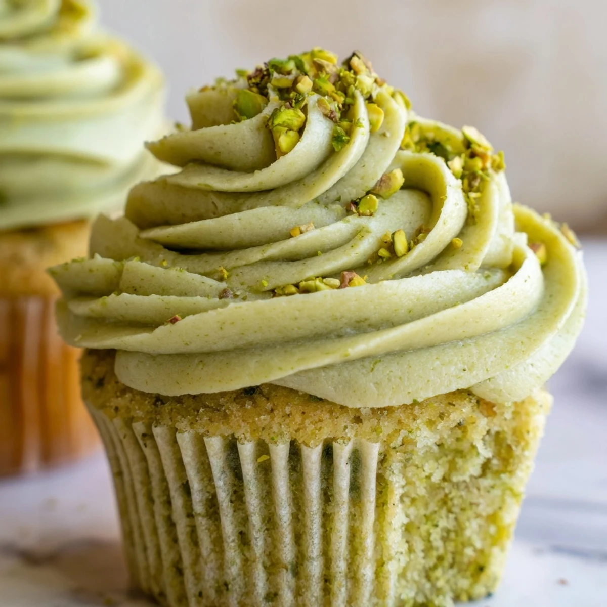 Moist pistachio cupcakes with swirled buttercream frosting on a decorative dessert plate