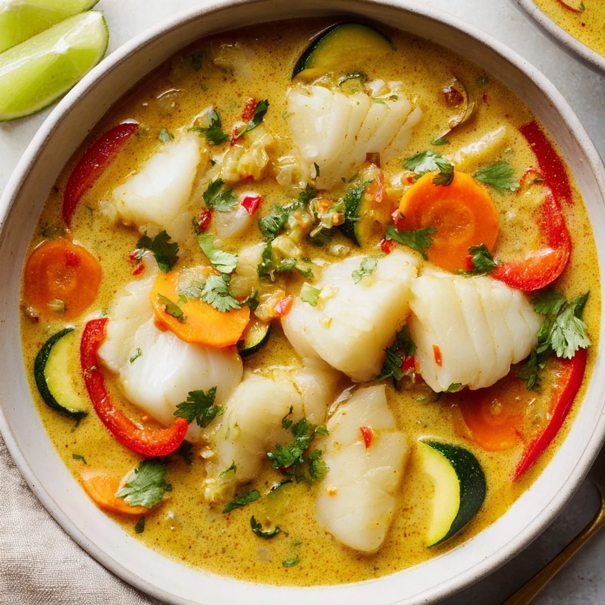Creamy coconut white fish stew in golden broth with tender vegetables and fresh cilantro garnish