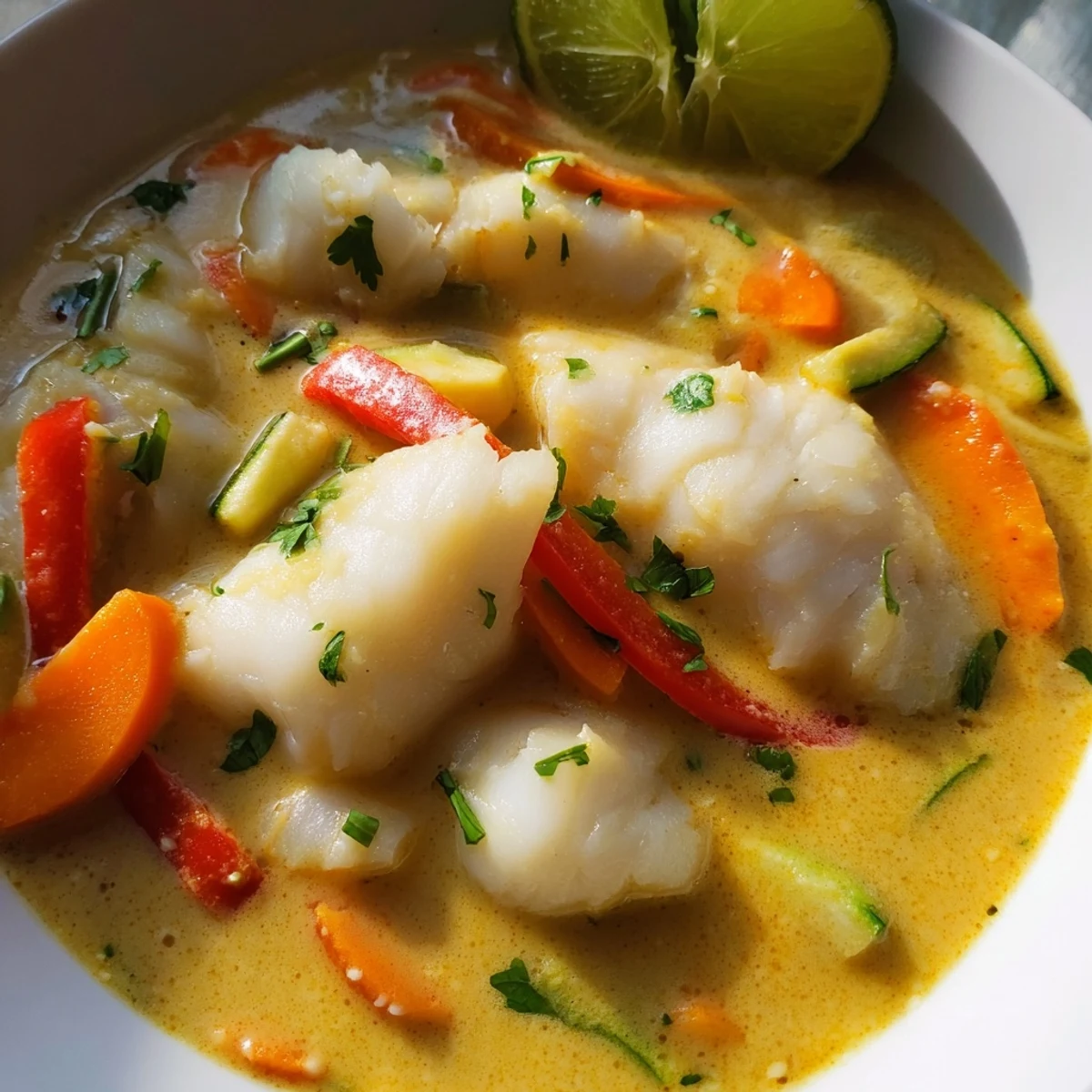 White fish chunks swimming in aromatic coconut stew with colorful bell peppers and lime wedges