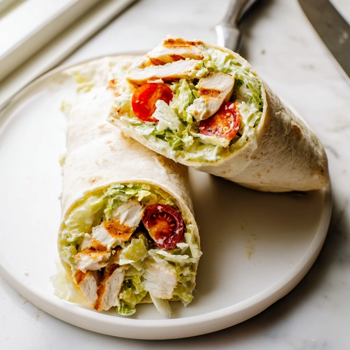 Golden grilled chicken Caesar wraps sliced open showing crisp romaine and creamy dressing inside