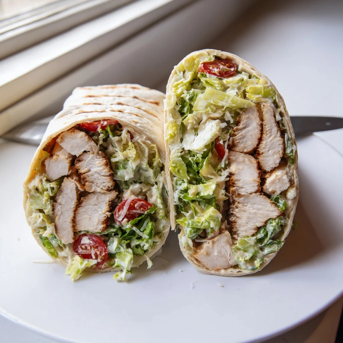 Tender sliced chicken Caesar wraps with fresh romaine parmesan and cherry tomatoes ready to serve