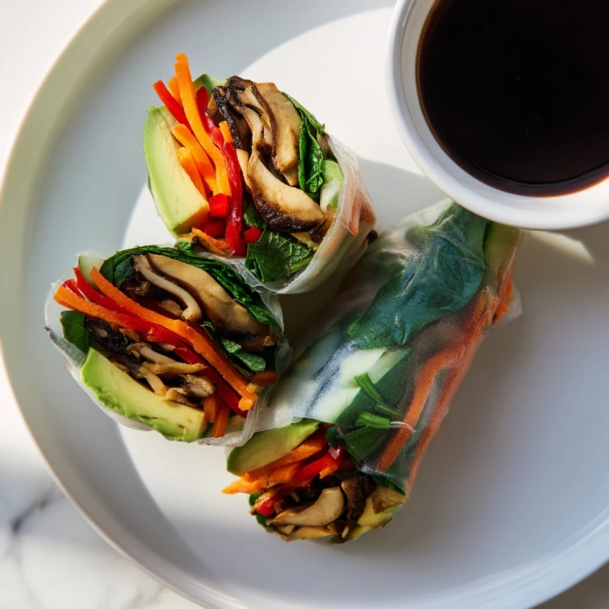 Creamy avocado shiitake spring rolls wrapped in translucent rice paper with fresh herbs and crisp vegetables