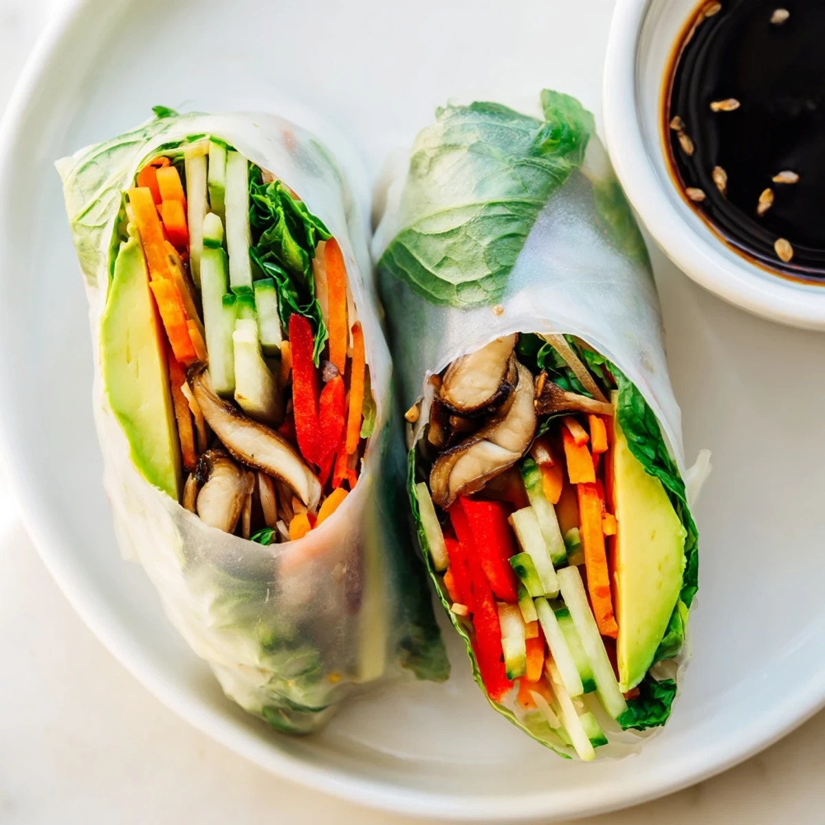 Avocado shiitake spring rolls arranged on a white platter with colorful julienned vegetables and dipping sauce