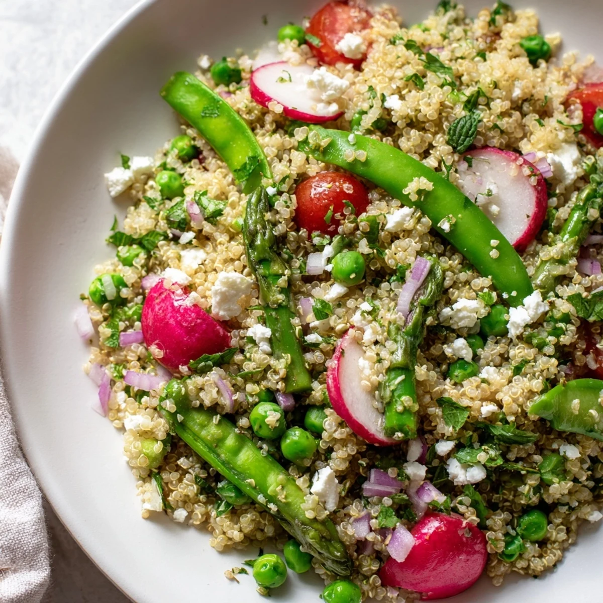 Bright Spring Vegetable Quinoa Salad tossed in tangy lemon-herb vinaigrette on a rustic serving platter