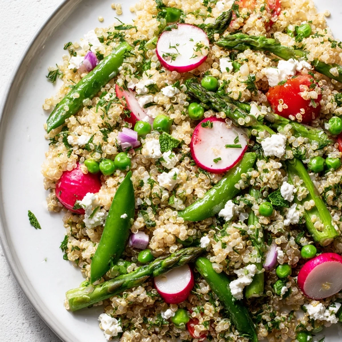 Fluffy quinoa layered with crisp asparagus, radishes, and snap peas in a colorful Spring Vegetable Quinoa Salad