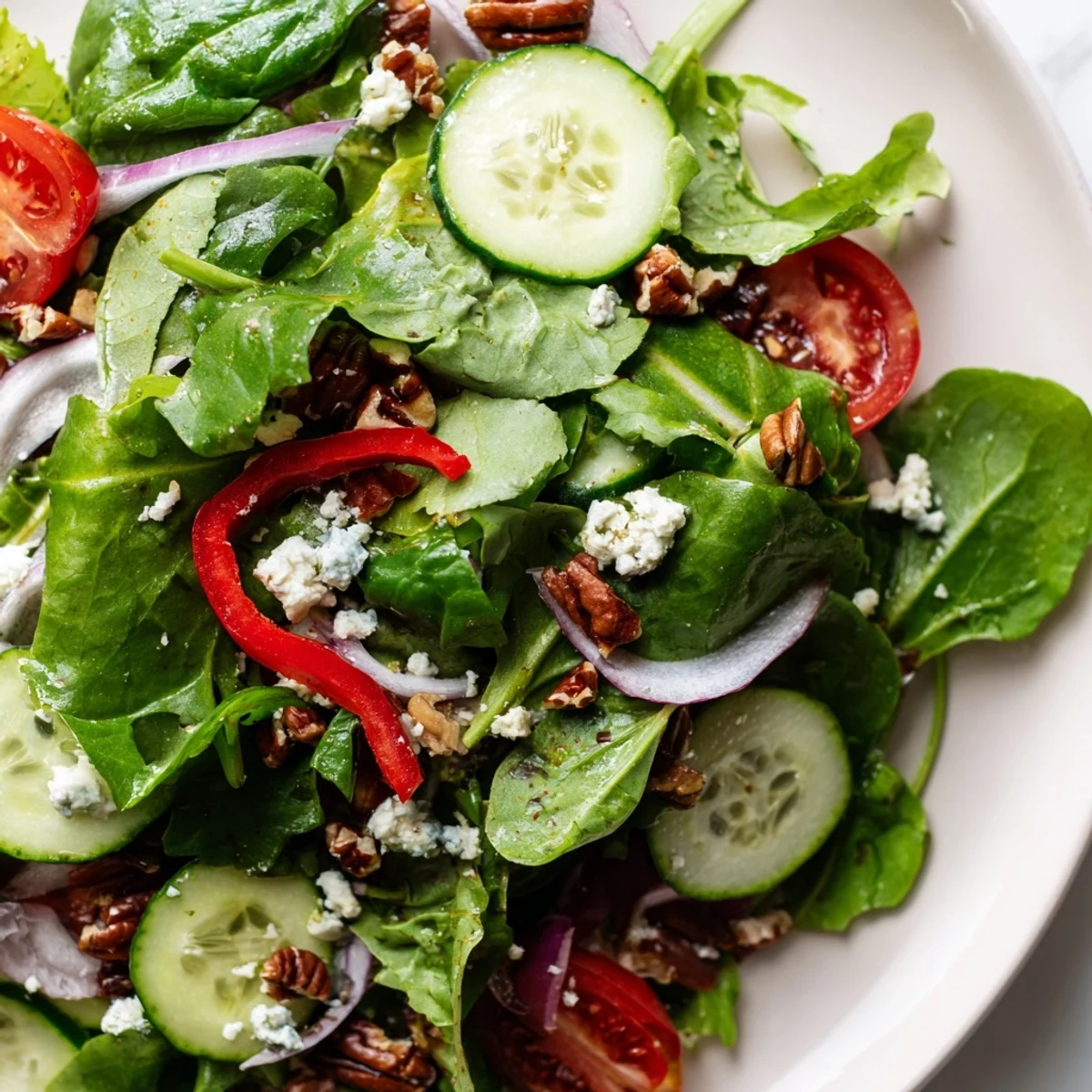 Fresh spring mix salad with colorful vegetables and tangy balsamic dressing in wooden bowl