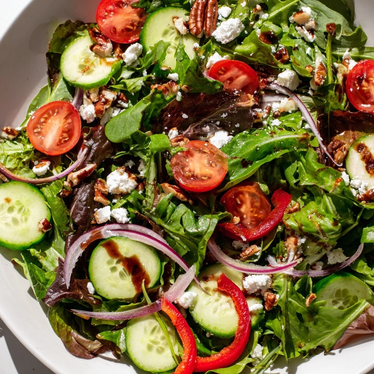 Crisp spring mix salad topped with crumbled feta, cherry tomatoes, and toasted pecans