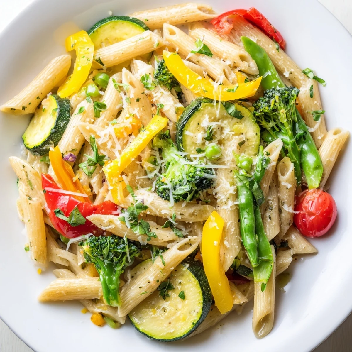 Colorful Pasta Primavera with tender spring vegetables in a light garlic lemon sauce