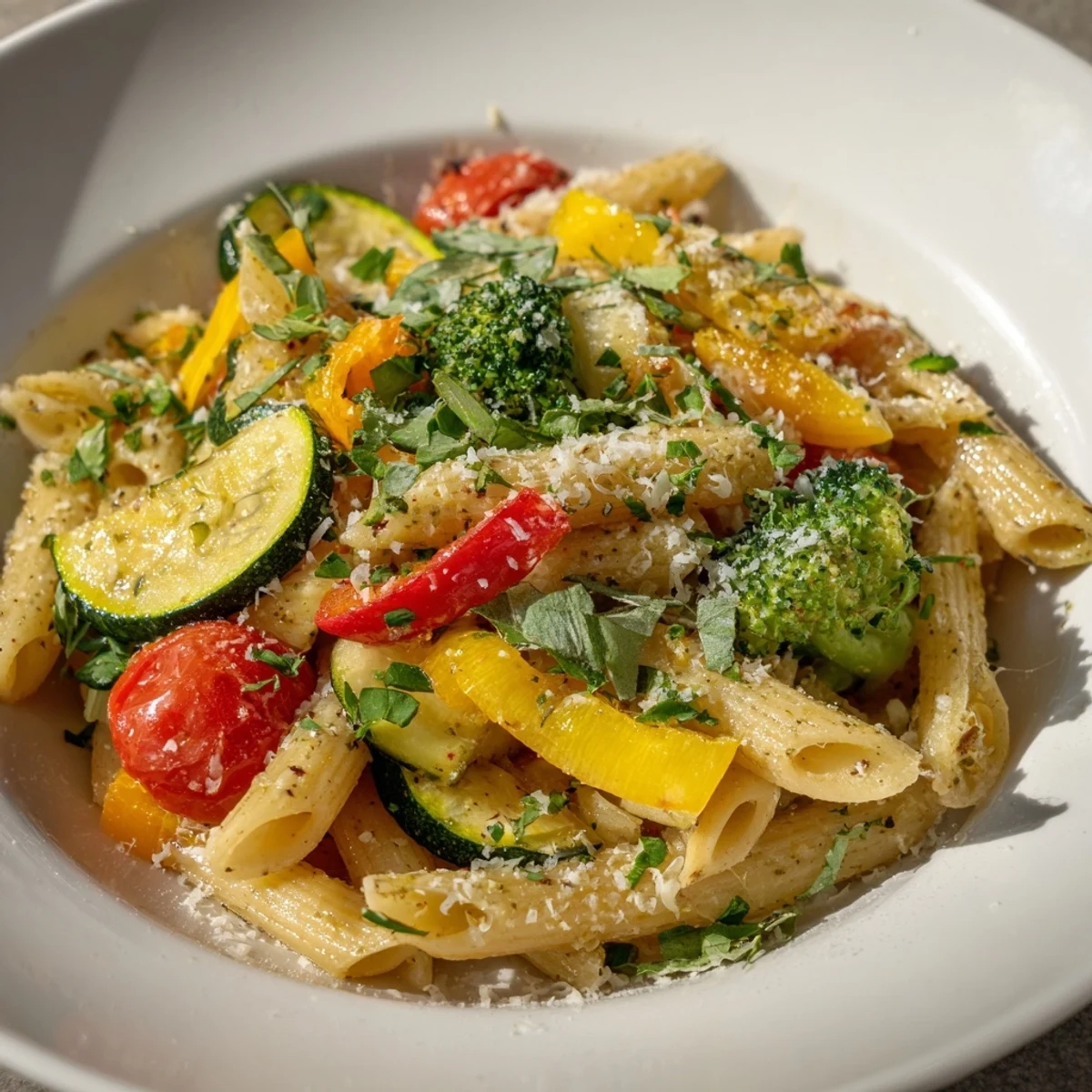 Bright Pasta Primavera featuring al dente penne tossed with crisp seasonal garden vegetables