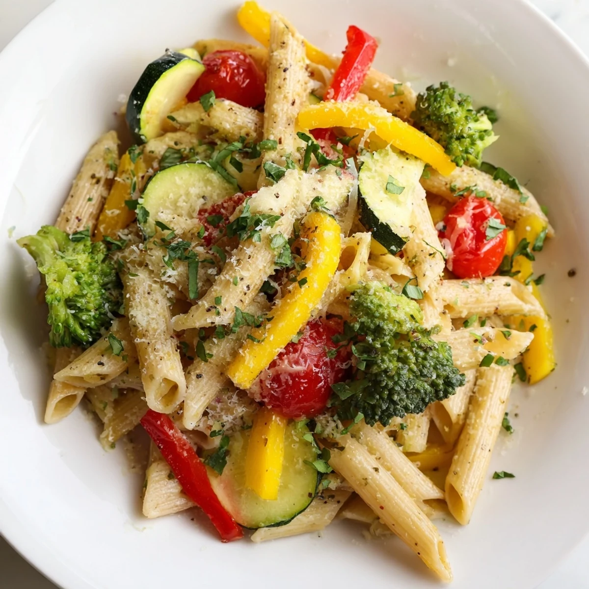 Steaming bowl of Pasta Primavera topped with fresh basil and grated Parmesan cheese