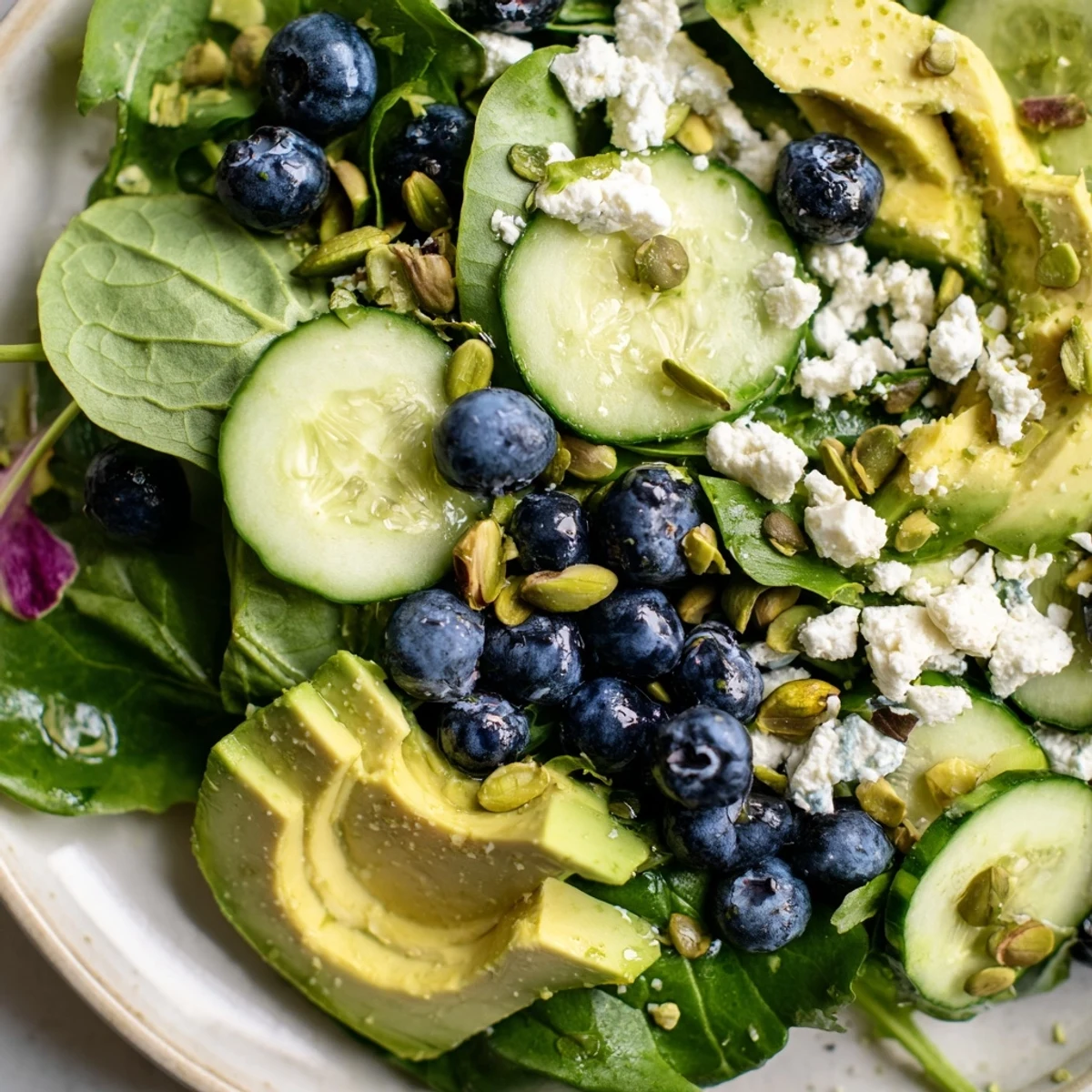 Blueberry Pistachio Spring Salad topped with crumbled feta and fresh blueberries on a white serving plate