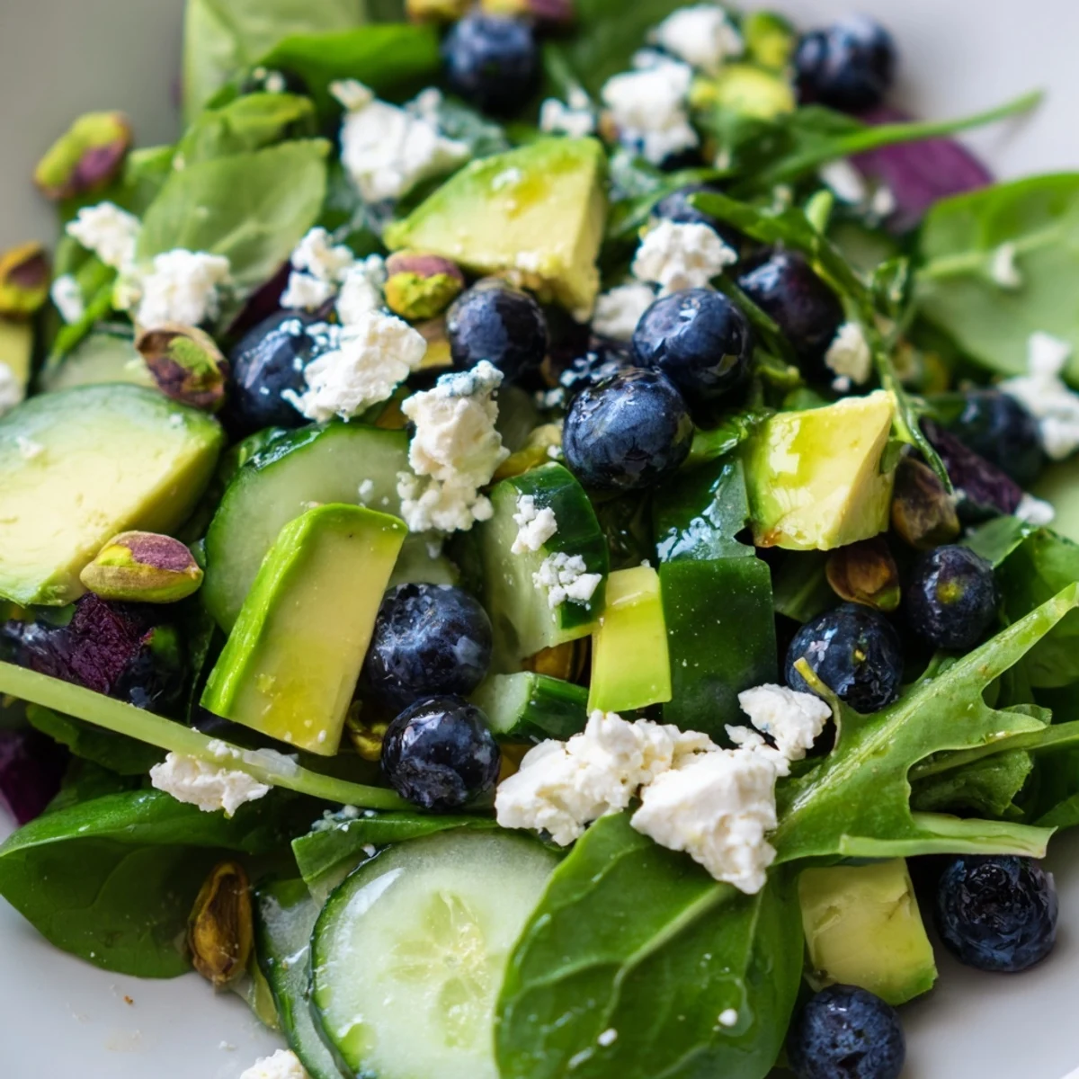 A vibrant Blueberry Pistachio Spring Salad with creamy avocado slices and crunchy green pistachios