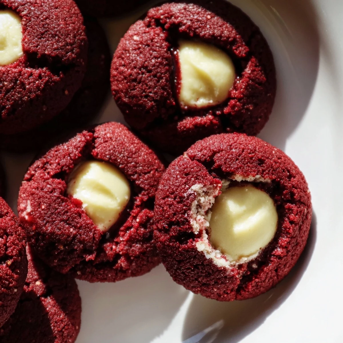 Red velvet thumbprint cookies with creamy cheesecake centers on a rustic baking sheet