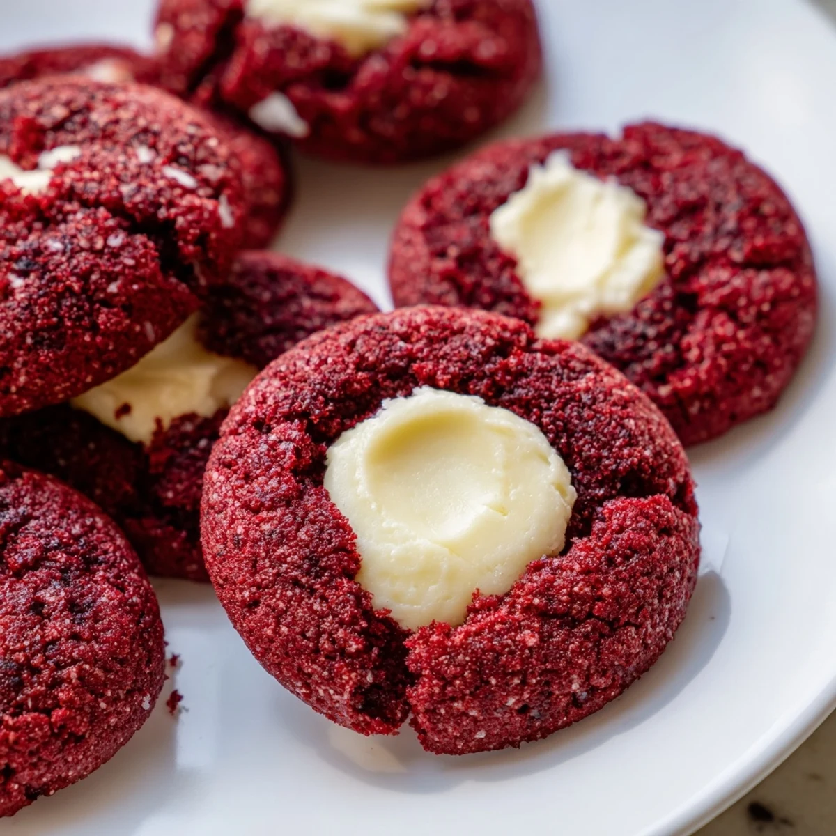 Soft red velvet thumbprint cookies dusted with cocoa served on a white platter