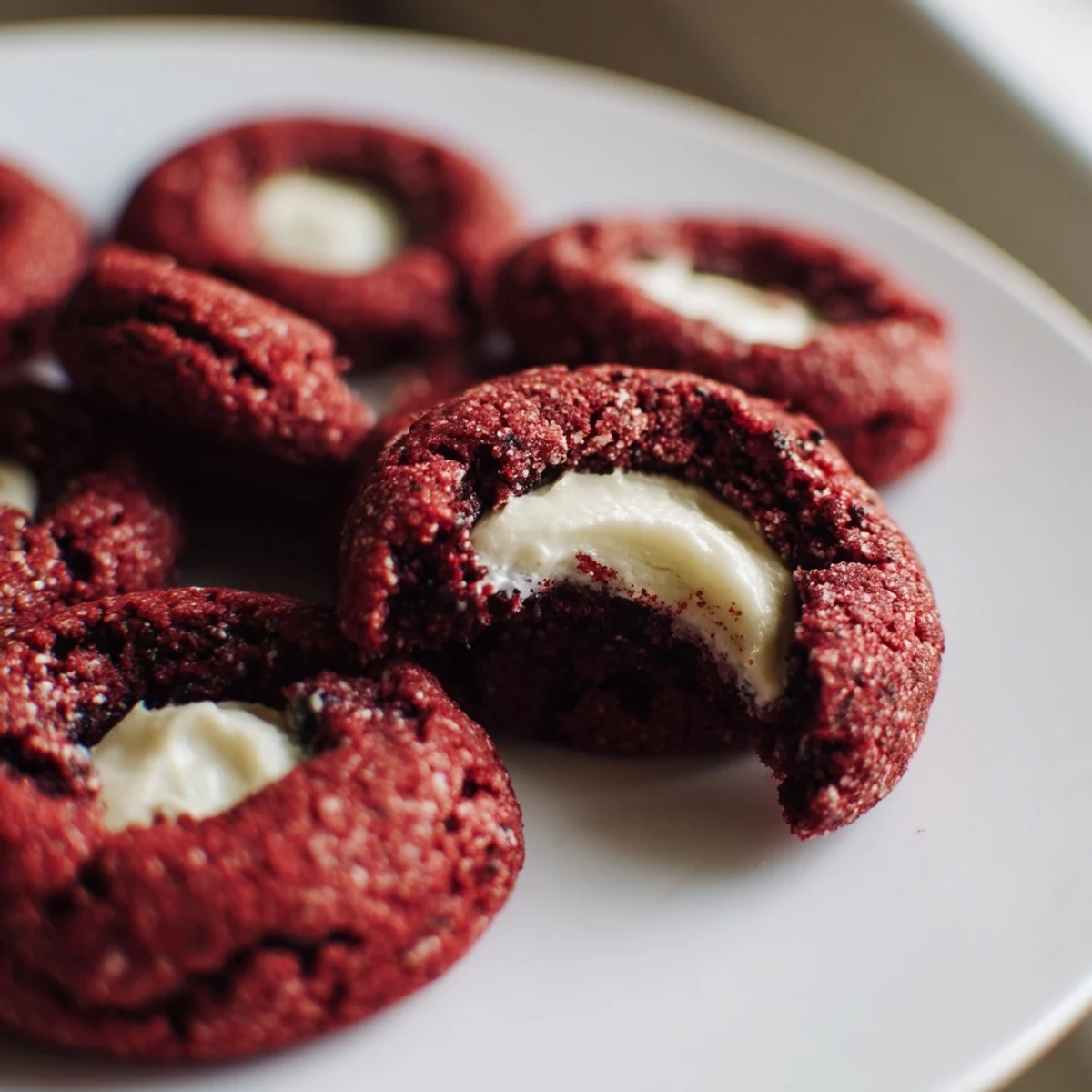 Glossy cream cheese filled red velvet thumbprint cookies arranged on festive parchment paper