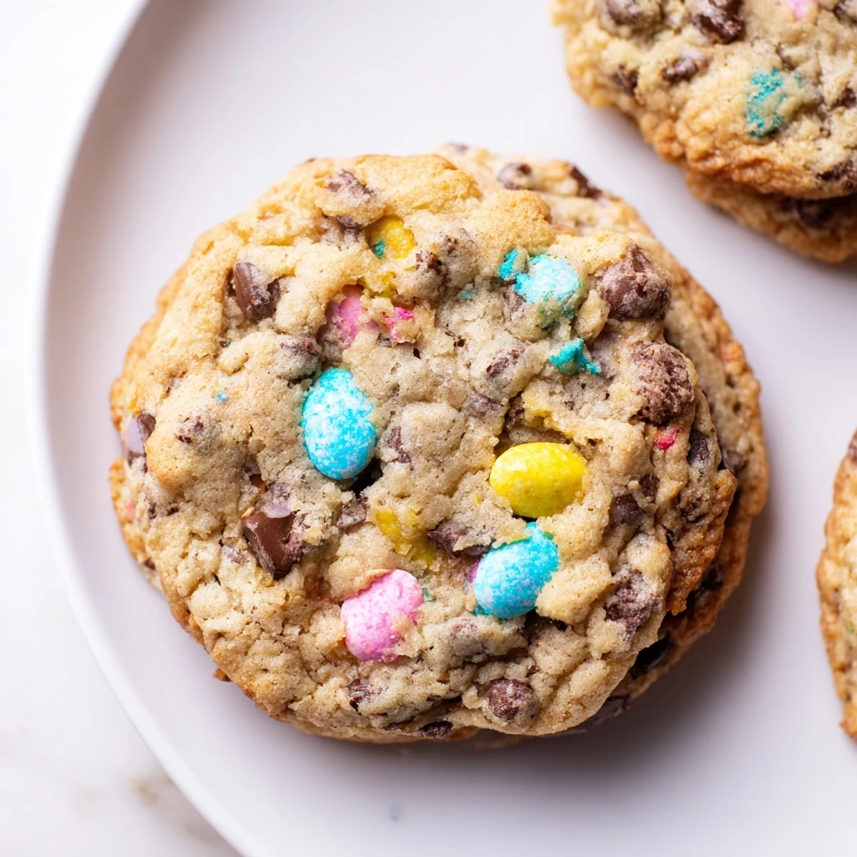 Golden brown Cadbury Egg Cookies studded with chocolate chips and pastel eggs