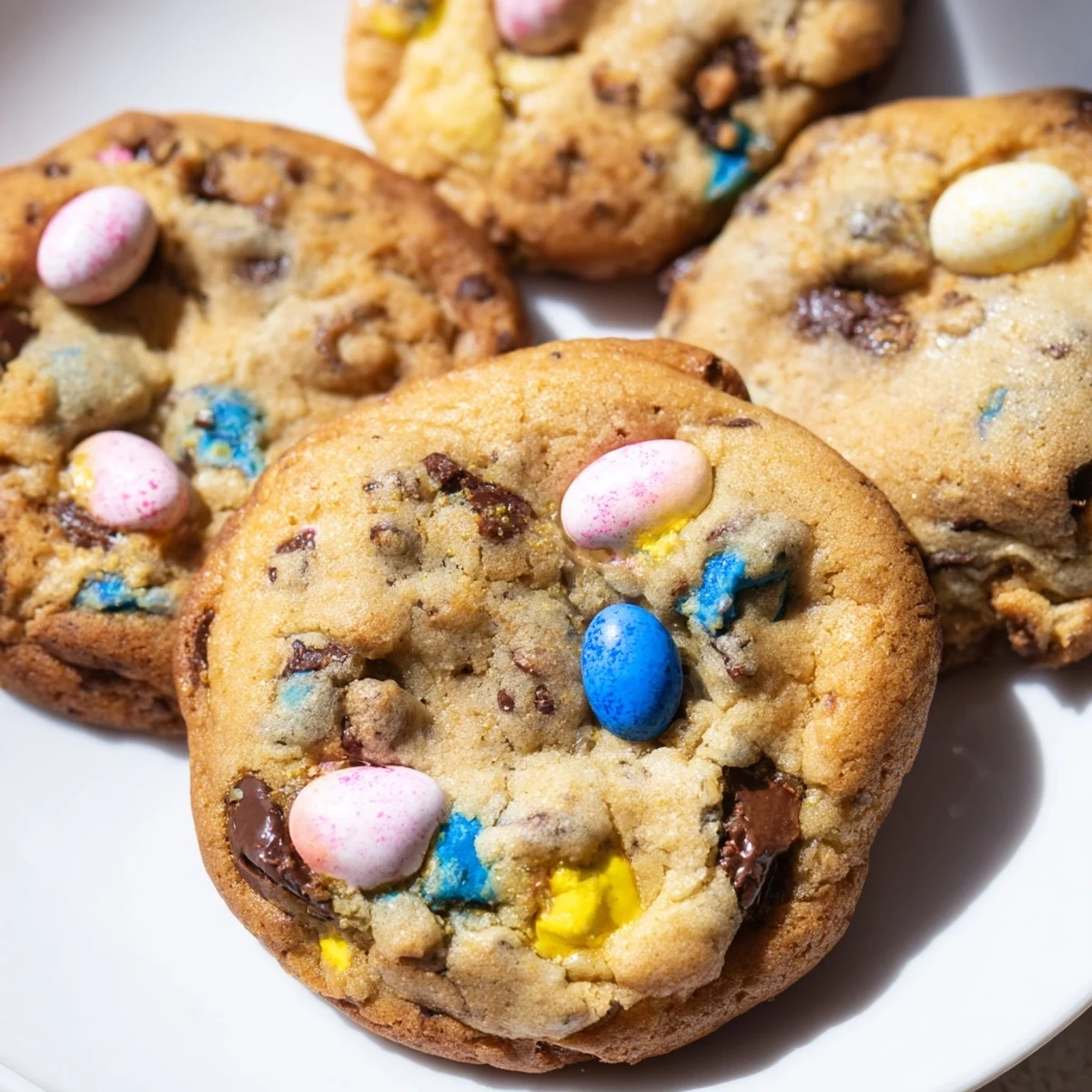 Soft chewy Cadbury Egg Cookies with colorful candy pieces on rustic white plate