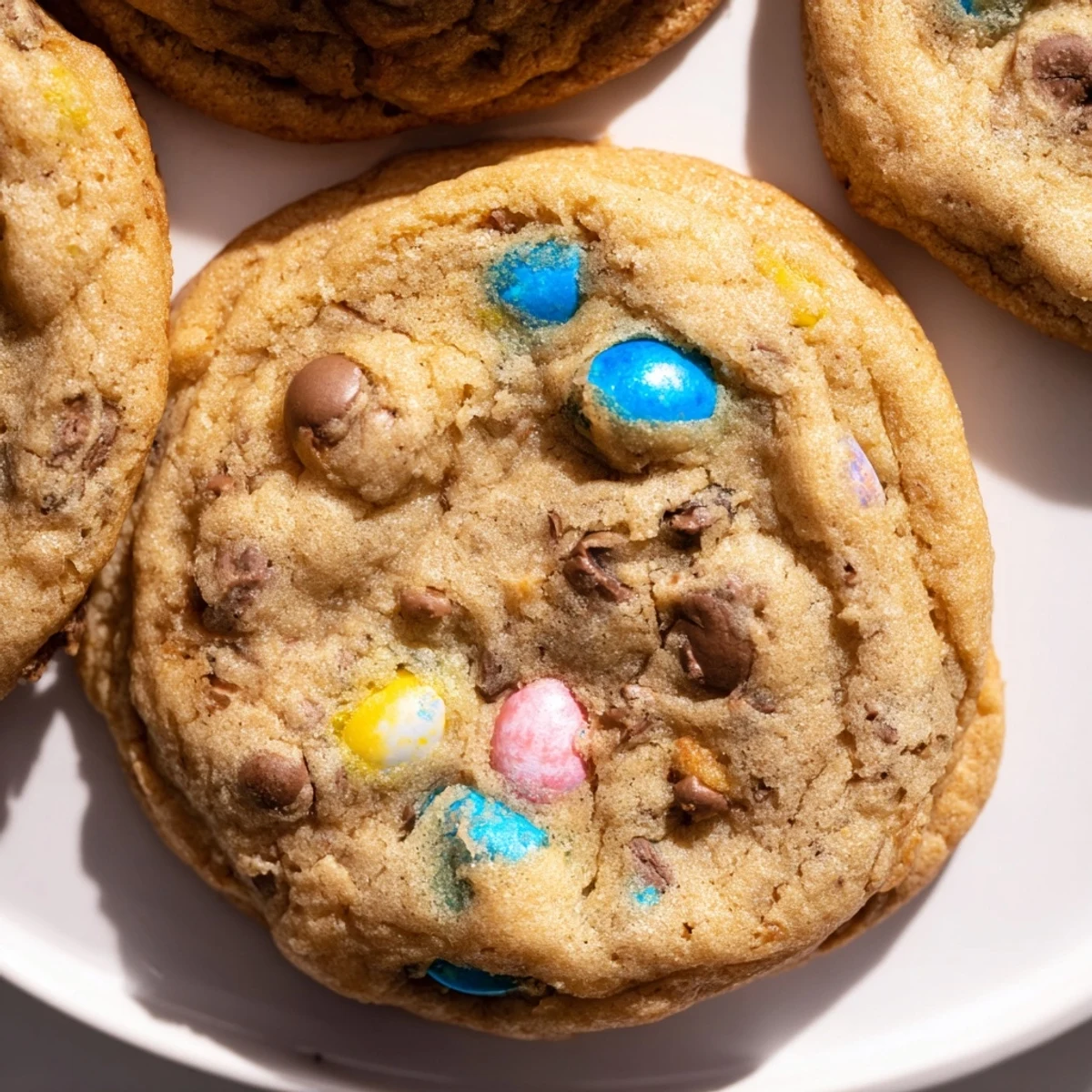 Warm Cadbury Egg Cookies fresh from oven with melting chocolate and cracked candy shells