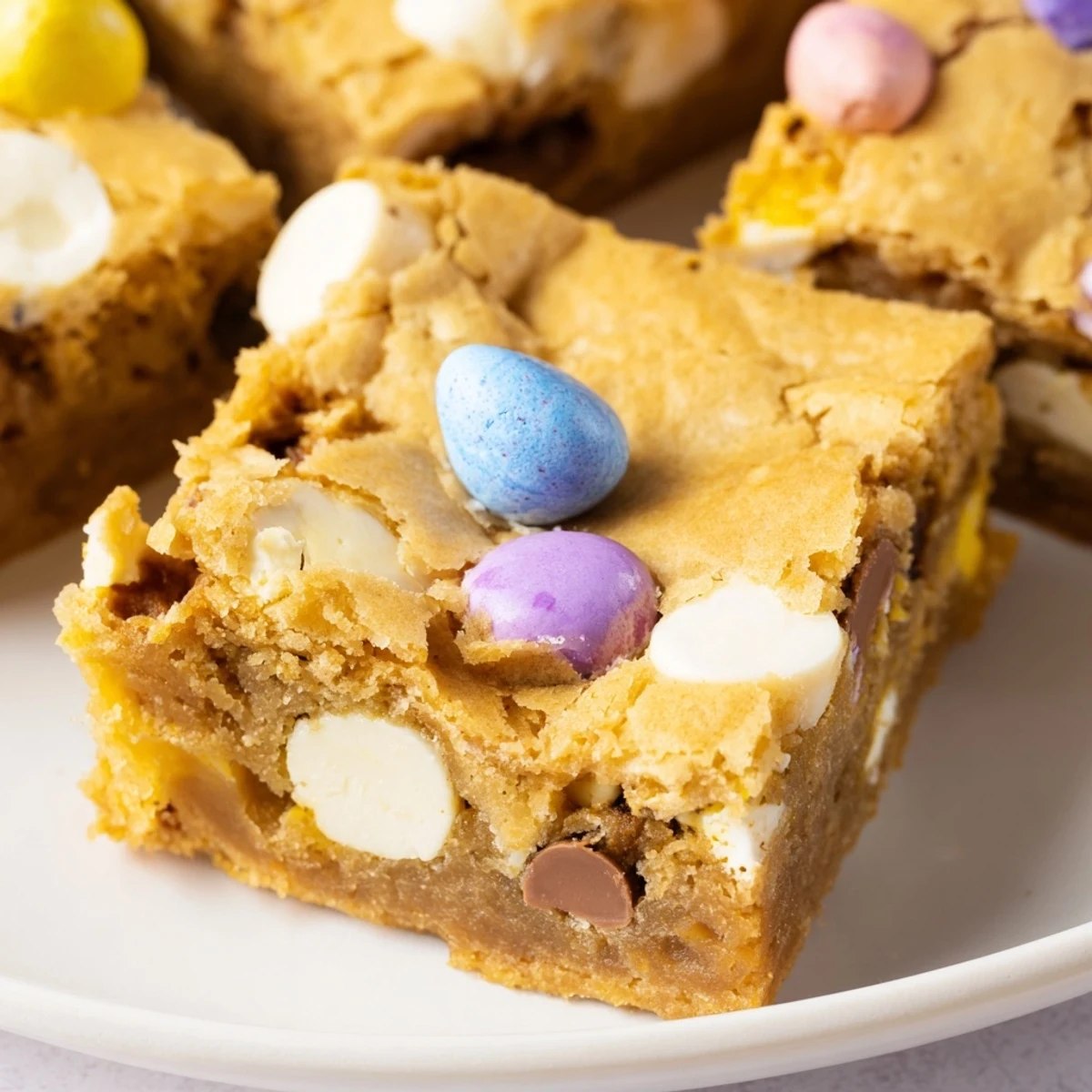 Golden chewy Mini Cadbury Easter Egg blondies with pastel candy-coated chocolates scattered on top