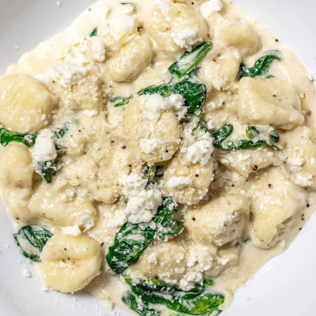 Creamy gnocchi with spinach and feta plated in a white skillet