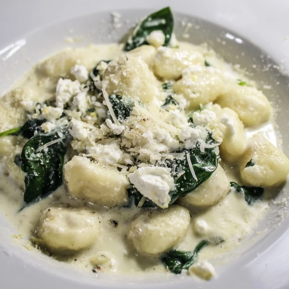 Bowl of creamy gnocchi with spinach and feta topped with pepper
