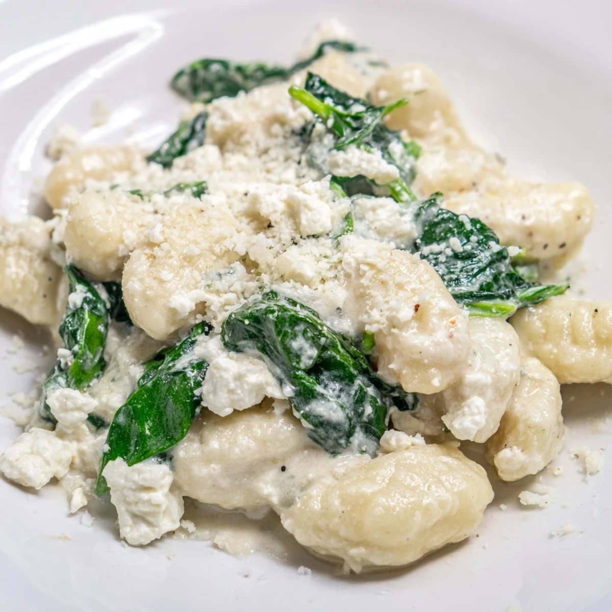 Creamy gnocchi with spinach and feta garnished with fresh crumbled cheese