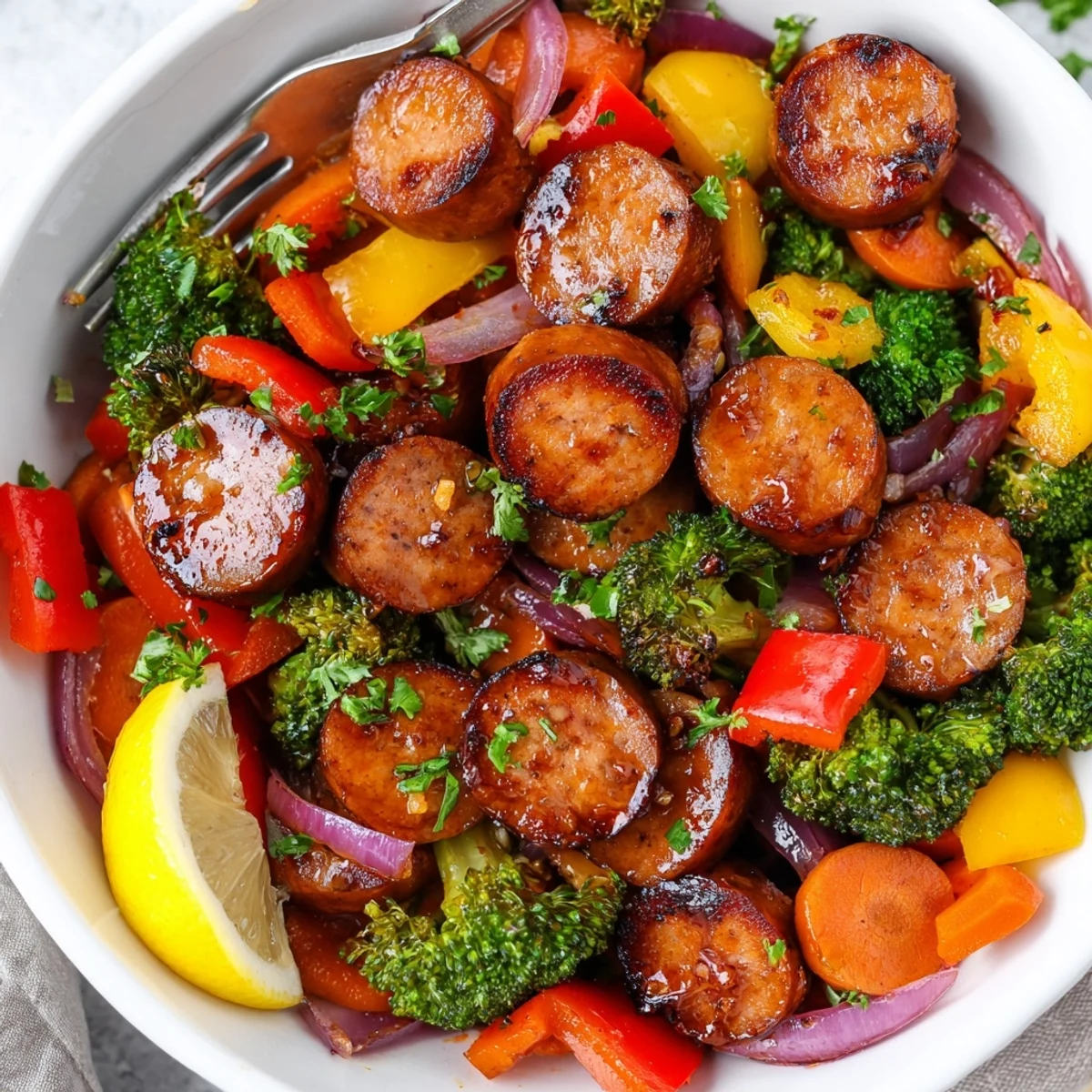 One pan honey garlic kielbasa with roasted veggies and caramelized edges