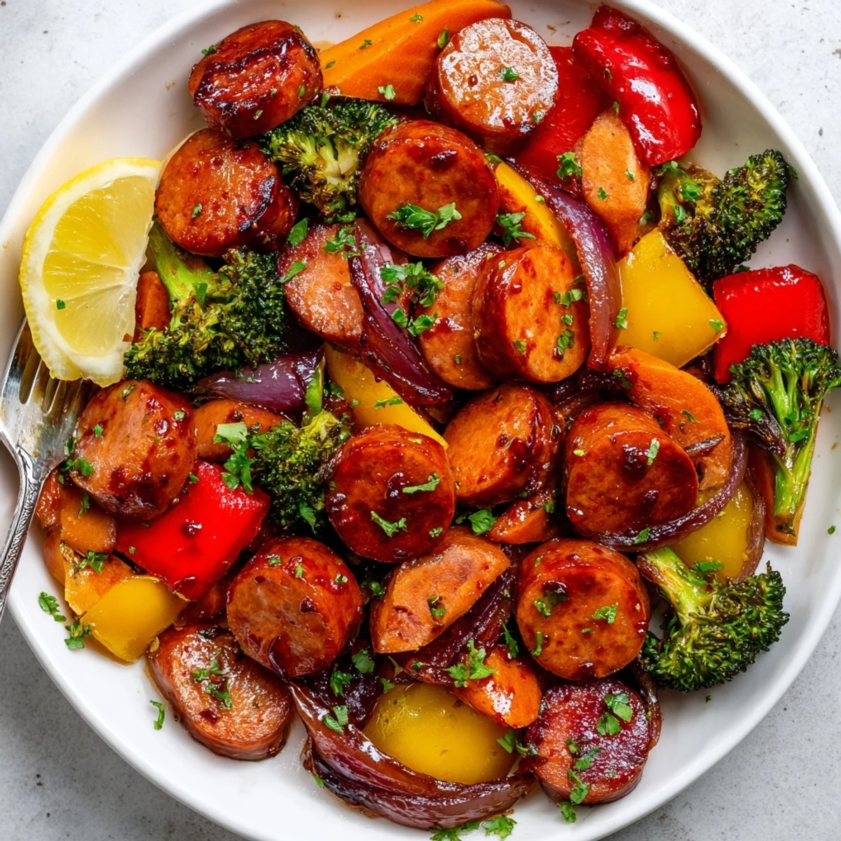 Colorful honey garlic kielbasa sheet pan dinner with tender vegetables