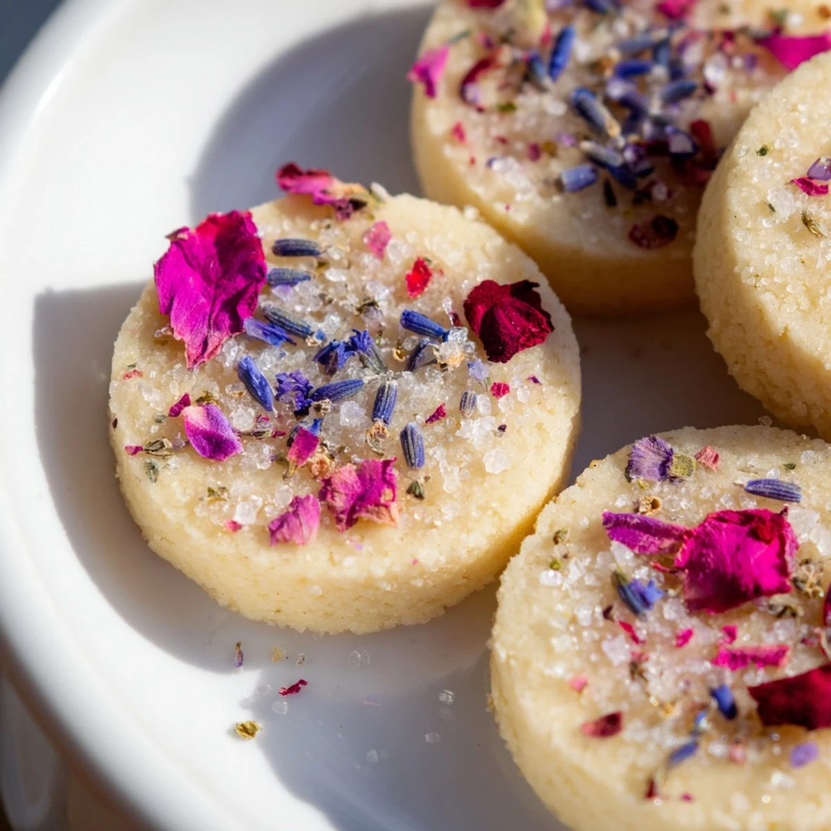 Golden Spring Blossom Cookies topped with colorful edible flowers on a rustic baking sheet