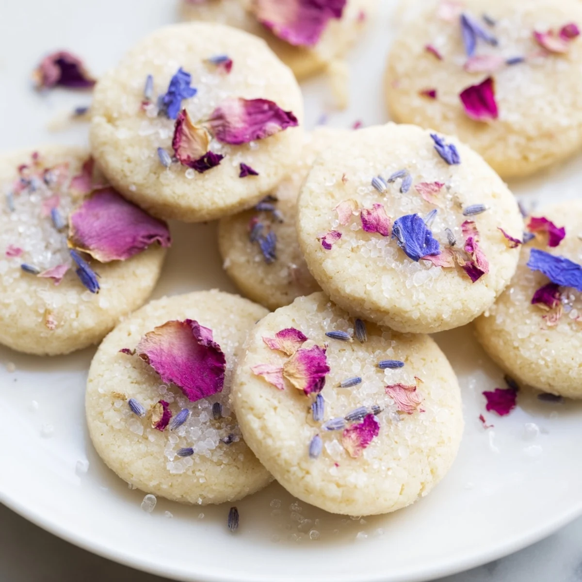Delicate Spring Blossom Cookies arranged on a white plate with scattered lavender petals