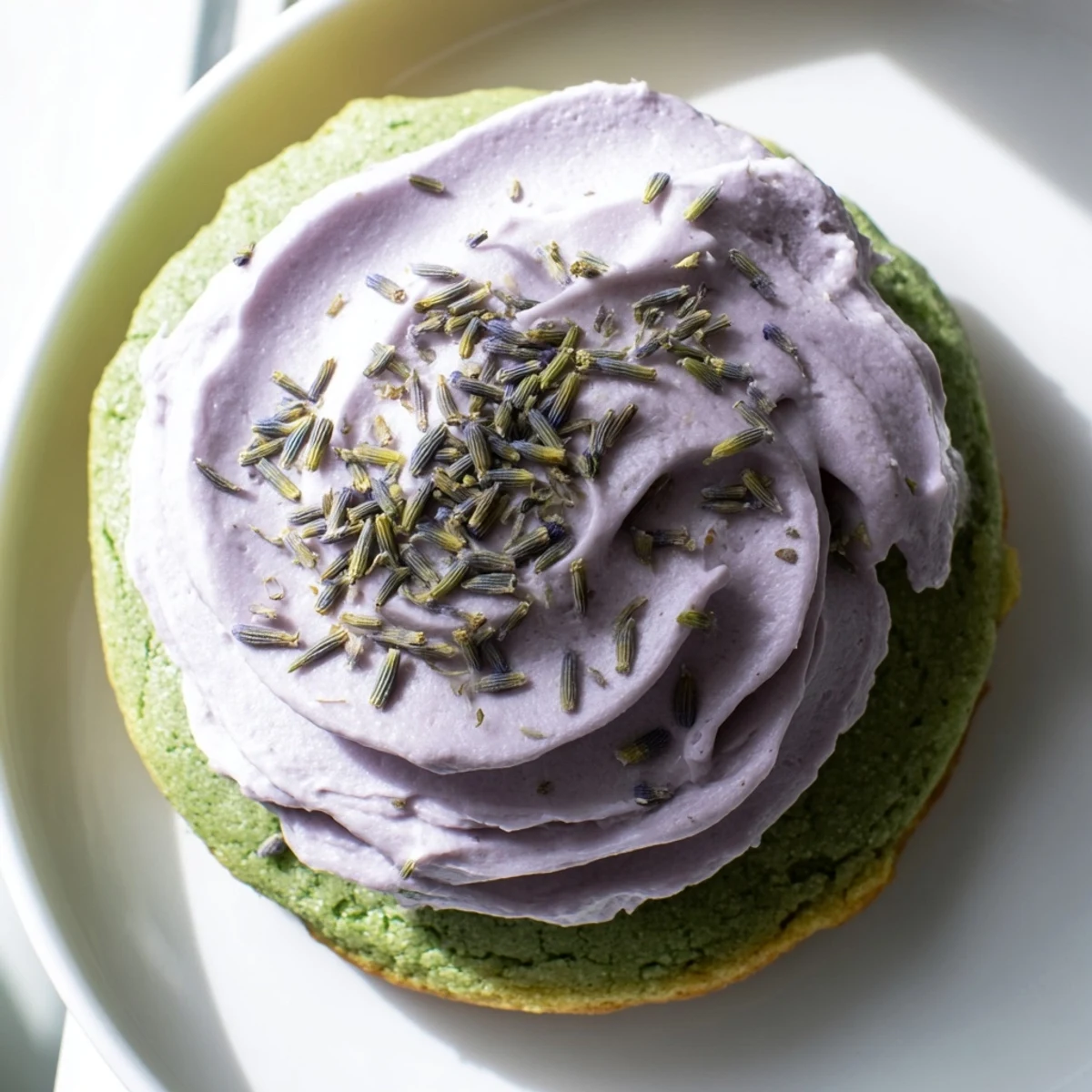 Soft green matcha sugar cookies topped with creamy lavender frosting on a rustic white plate