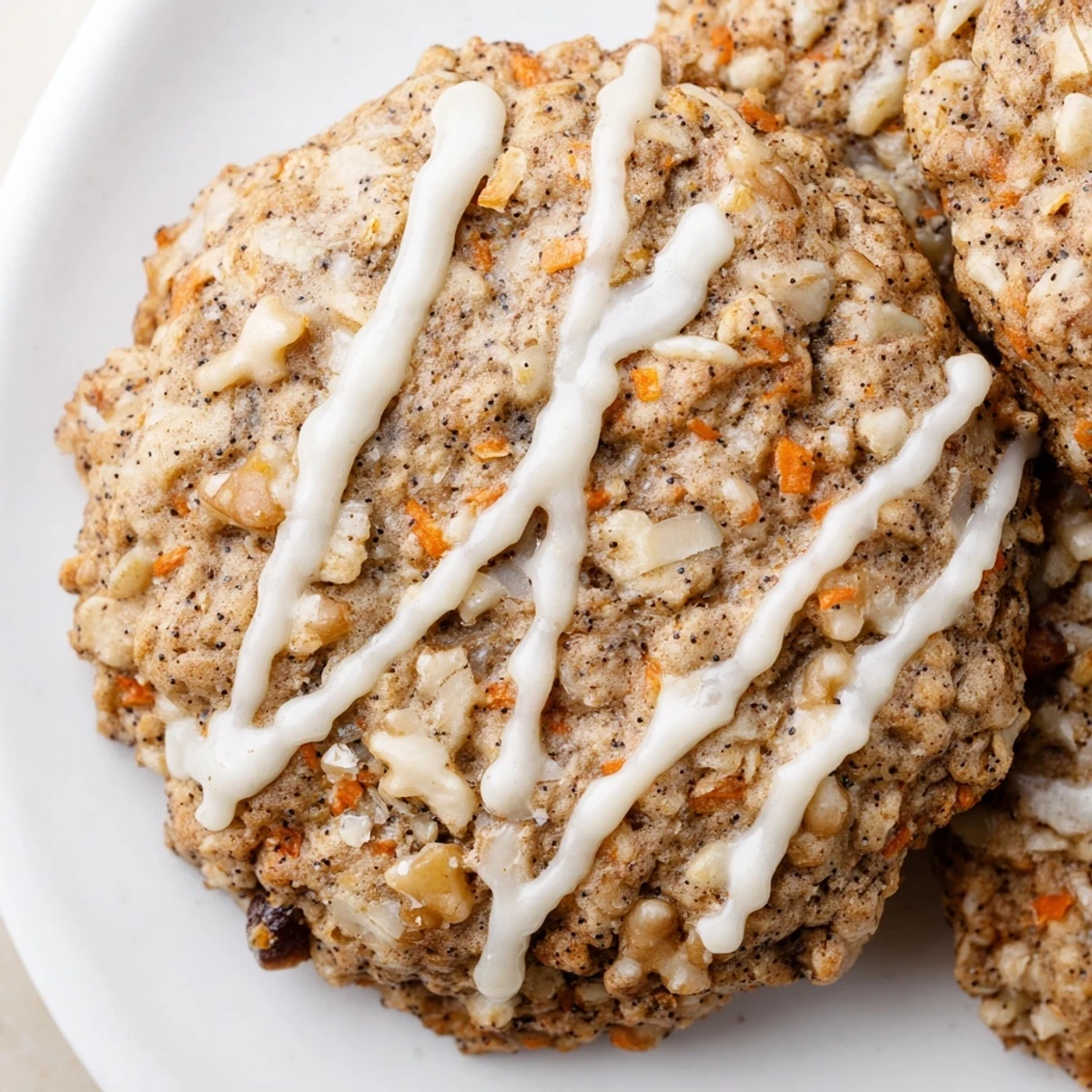 Soft chewy brown butter carrot cake cookies drizzled with cream cheese glaze on a rustic baking sheet.