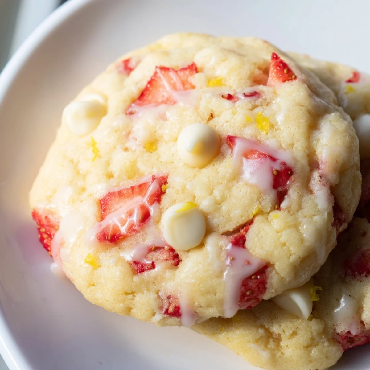 Soft strawberry lemonade cookies with pink flecks and tangy lemon glaze drizzled on top