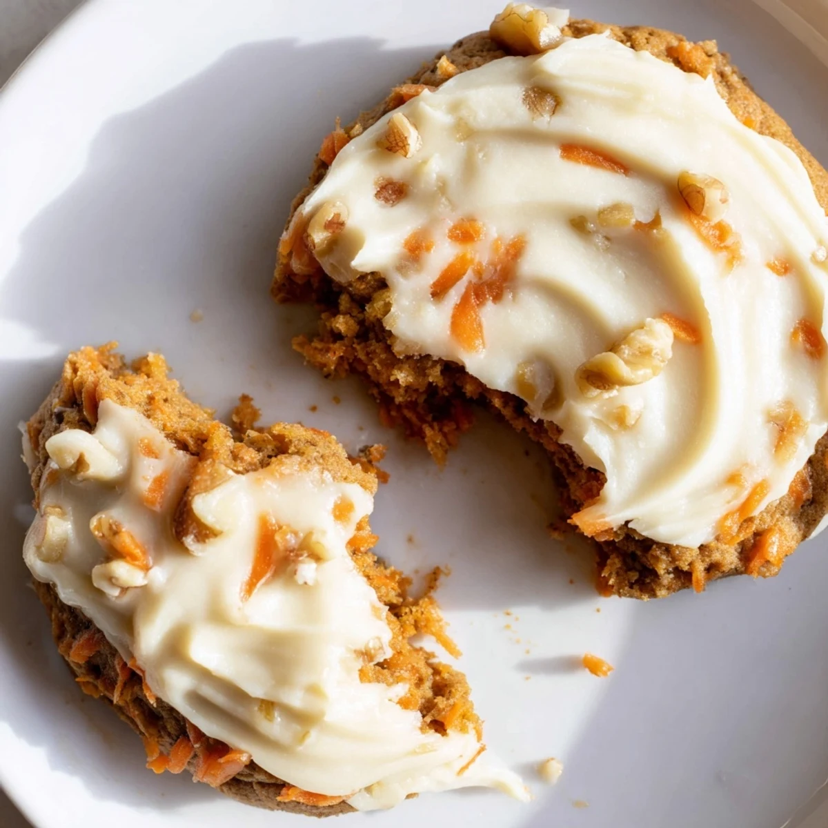 Soft frosted Crumbl carrot cake cookies with creamy swirled frosting on rustic white platter